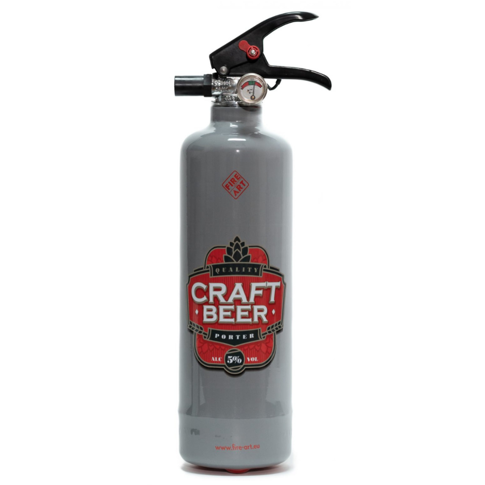Grauer Design Feuerlöscher "Craft Beer" mit dem Aufdruck eines Fiktiven "Craft beer" Bier Labels
