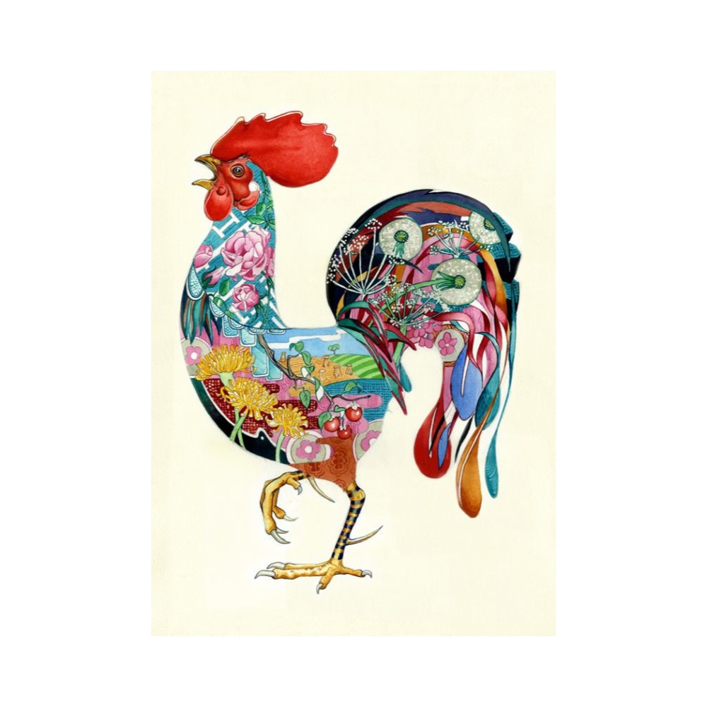 Klappkarte mit einem Hahnmotiv in dem sich weitere Bilder befinden, Rosen, Löwenzahn, Pusteblumen