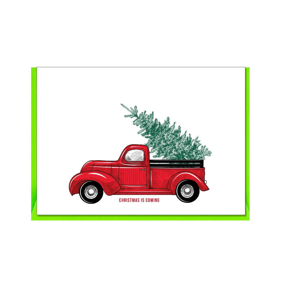 Weiße Fahrkarte mit einem Aufdruck eines roten Trucks mit einer Tanne hinten auf der Aufladefläche und unten mit der Schrift "Christmas is coming"