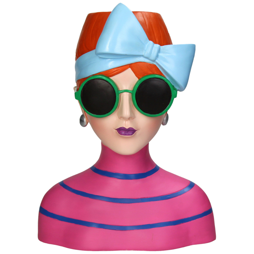 Frontansicht Deko Vase "Lady Pop" mit Sonnenbrille, Haarschleife und trendigem Shirt. Ausdrucksstarke Farben in Pink, Türkis, Grün und Schwarz