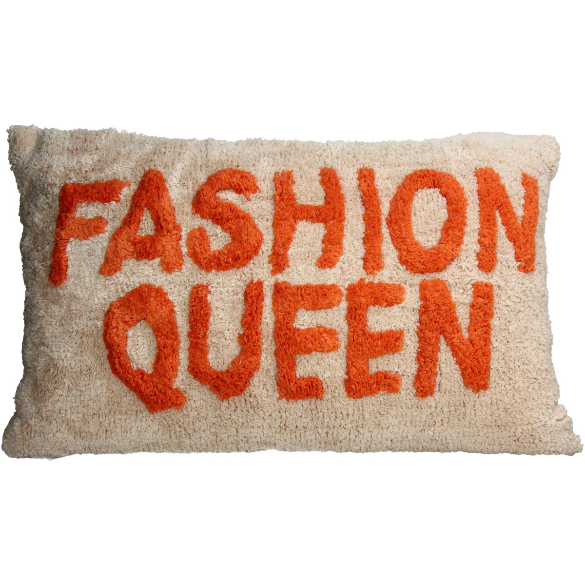Deko Kissen in Beige mit Orangener Schrift "Fashion Queen"