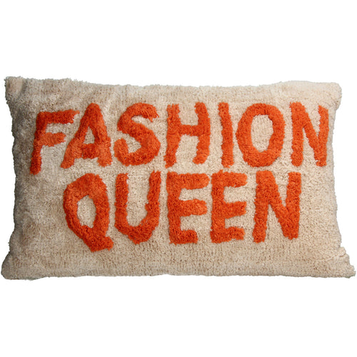 Deko Kissen in Beige mit Orangener Schrift "Fashion Queen"