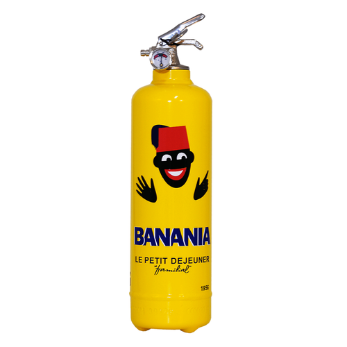 Gelber Designer Feuerlöscher mit einem aufdruck dem Gesicht und Händen einer Person mit einem Roten Käppchen und der Schrift "BANANIA LE PETIT DEJEUNER"