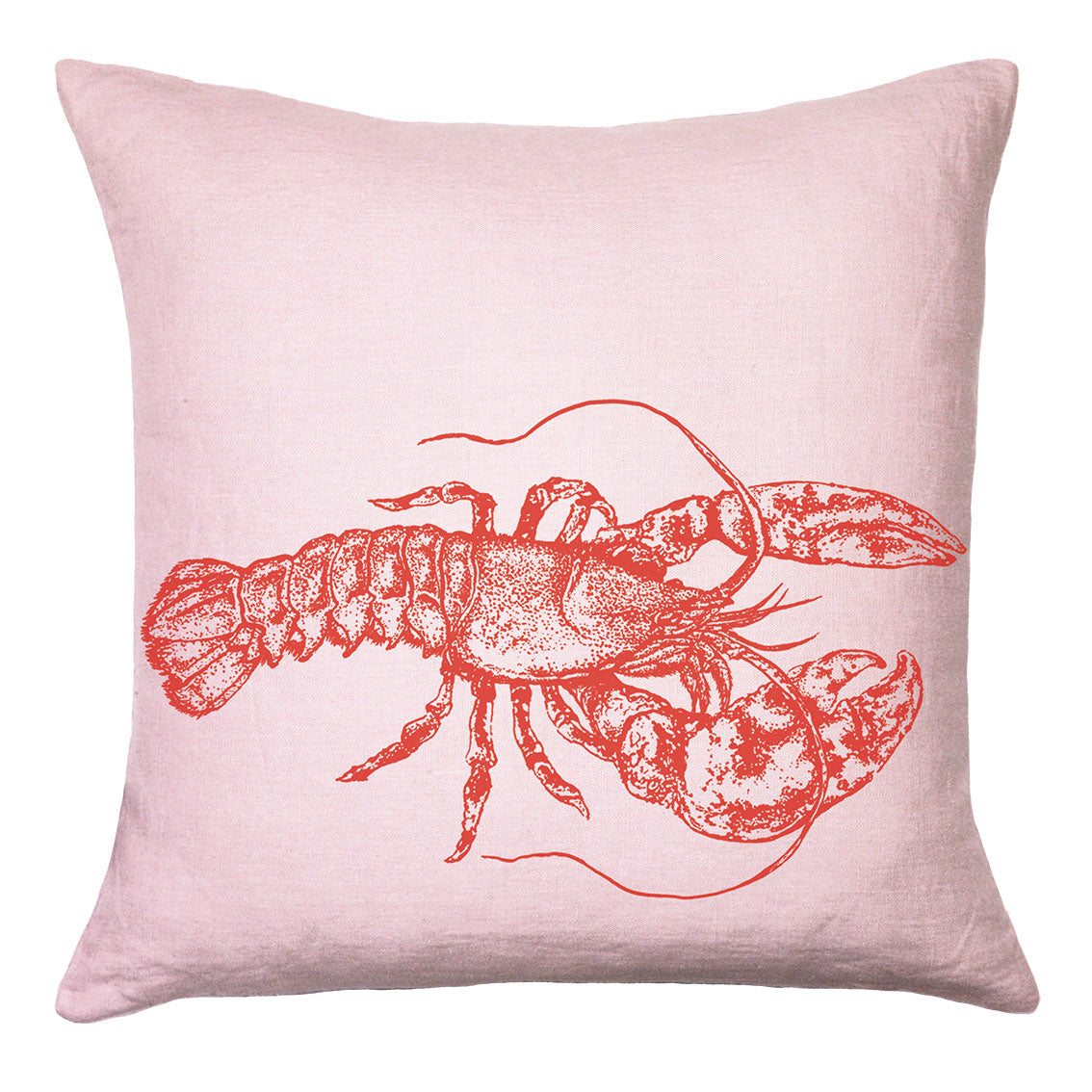 Rosaner quadratischer Kissenbezug 50 x 50 cm aus Rohleinen, großes Hummer Motiv in der Farbe Koralle, fein illustriert