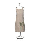 Lange Latzschürze aus Leinen, Naturfarben, verstellbrarer Nackenriemen, unten rechts großes Karotten Motiv, aufgebracht mit Irisdruck im Siebdruckverfahren, Motiv ist oben Grün und unten Orange