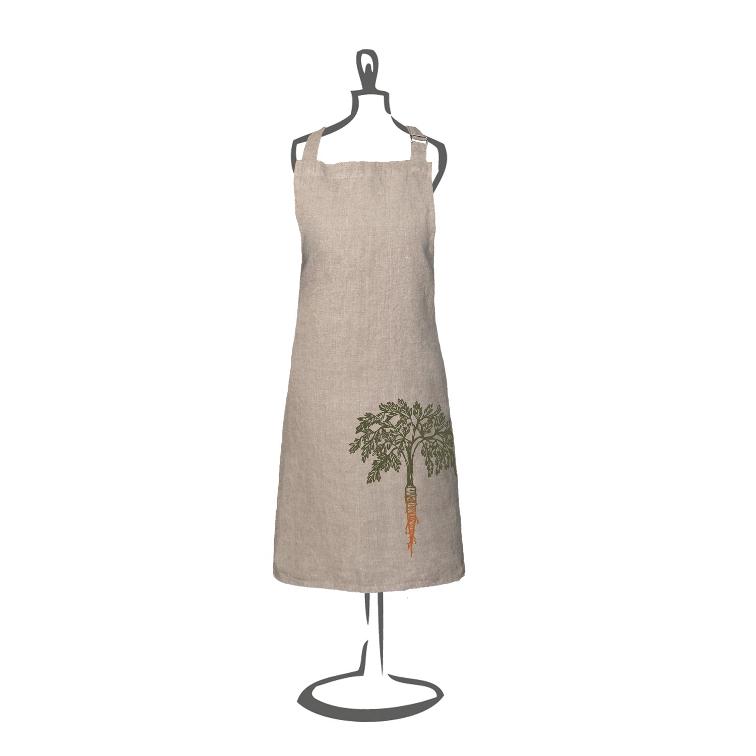 Lange Latzschürze aus Leinen, Naturfarben, verstellbrarer Nackenriemen, unten rechts großes Karotten Motiv, aufgebracht mit Irisdruck im Siebdruckverfahren, Motiv ist oben Grün und unten Orange