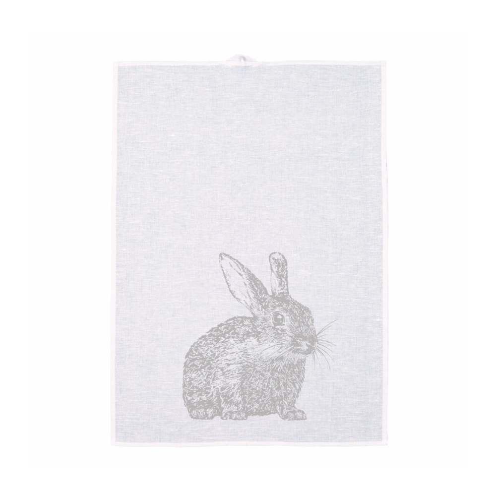 Ein Weißes Geschirrtuch mit Grauen Hase als Print von Frohstoffe