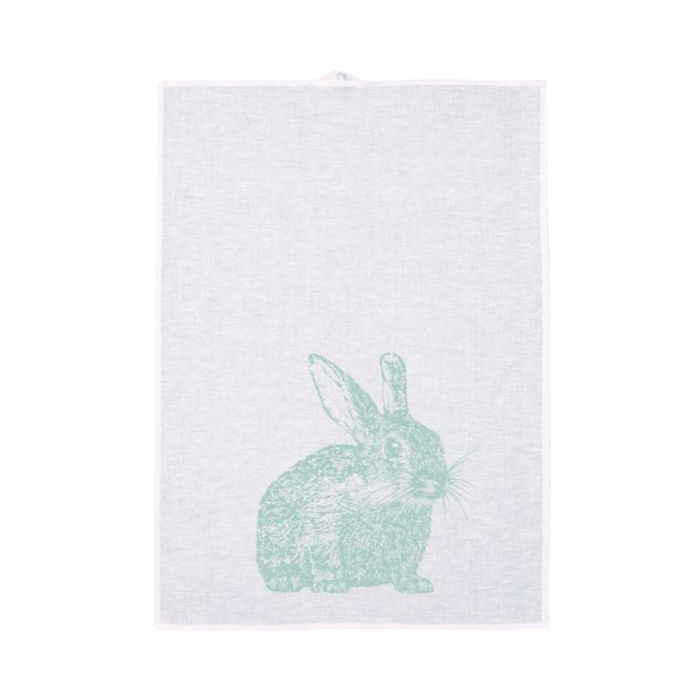 Ein weißes Geschirrtuch mit einem grünen hasen als print von frohstoffe aus lein