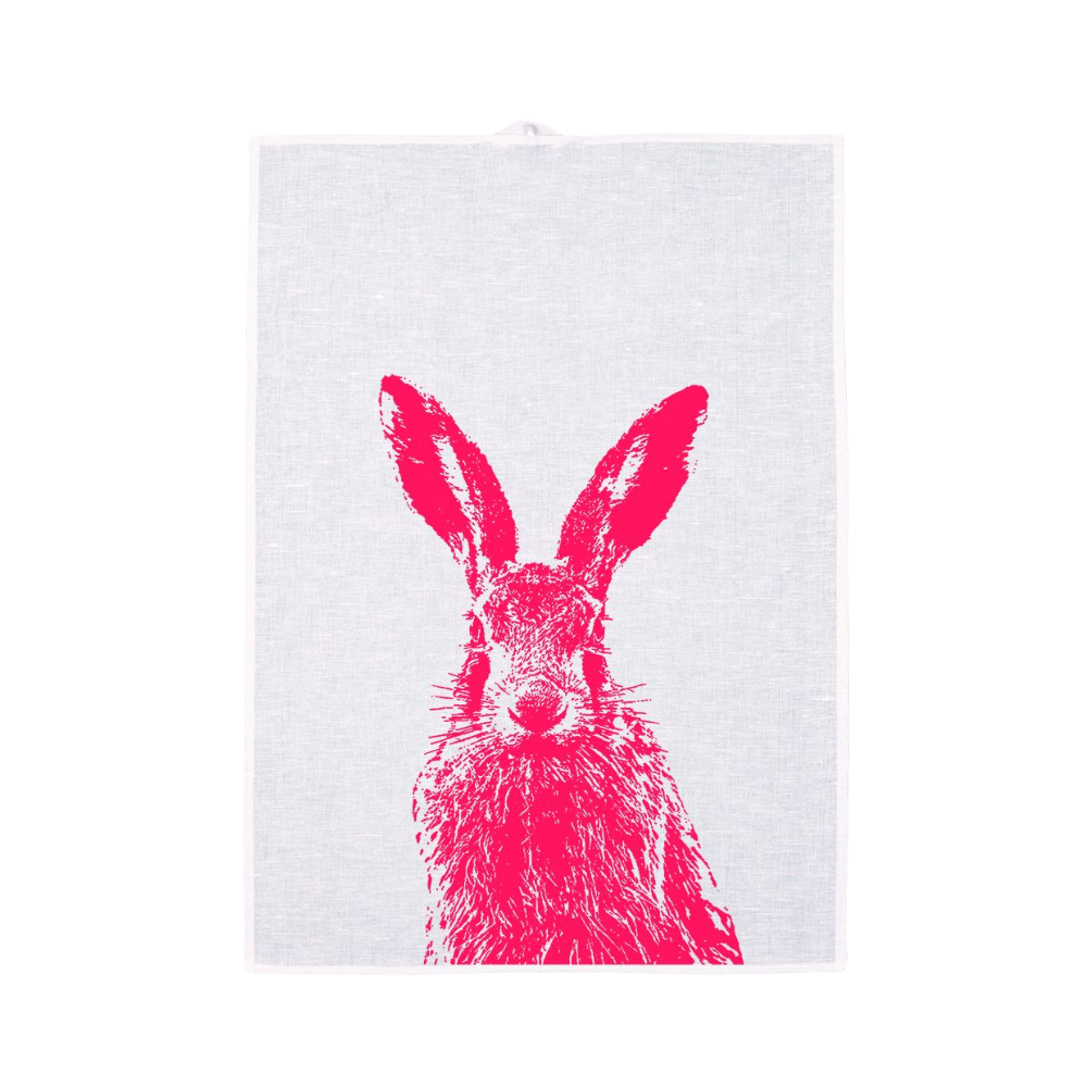 Ein Weißes Geschirrtuch mit Pinken Hase als Print von Frohstoffe
