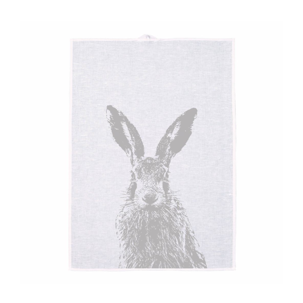 Ein Weißes Geschirrtuch mit grauem Hasen als print von frohstoffe