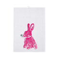 Ein weißes Geschirrtuch mit Pinken Hasen als Print