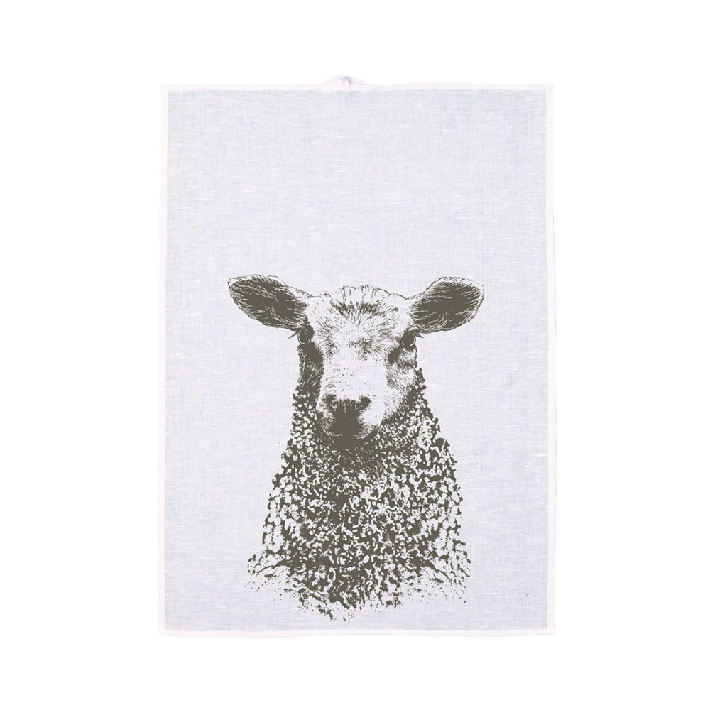 Ein weißes Geschirrtuch mit Print von einem Schaf von frohstoffe aus lein