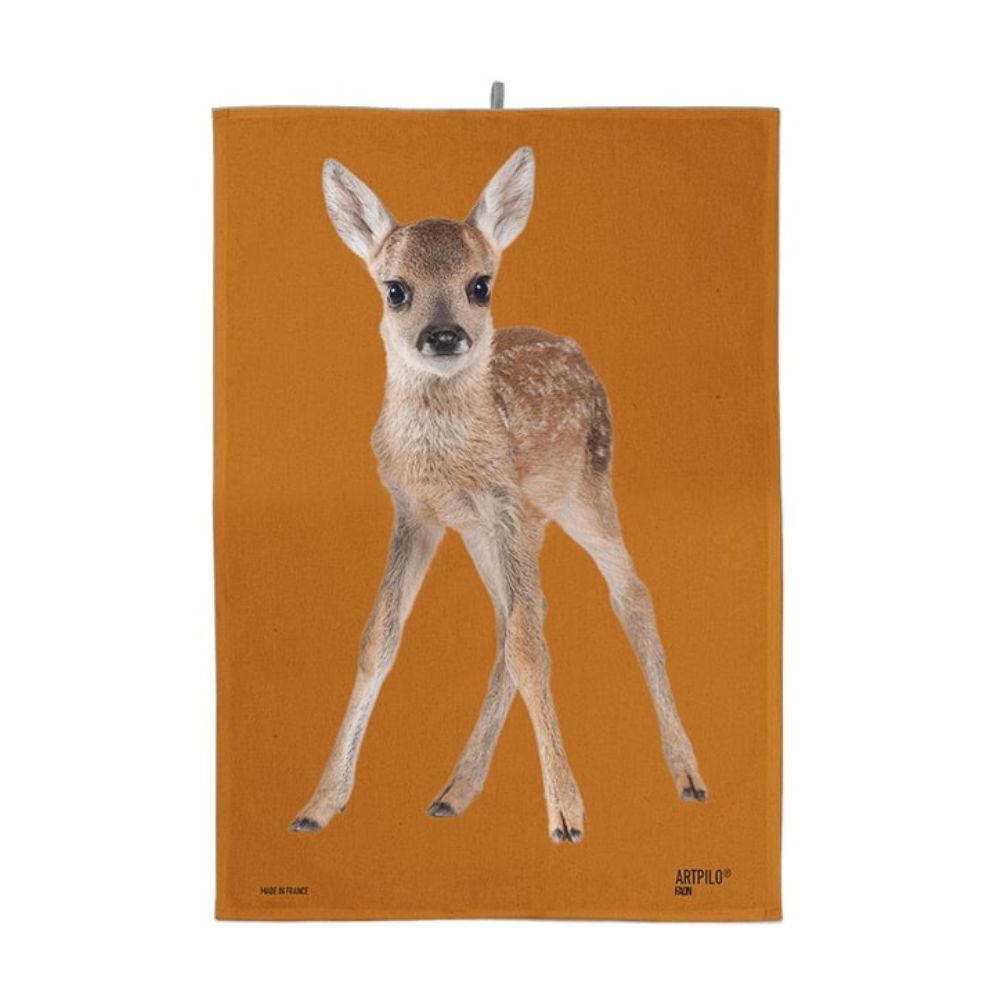 Rostbraunes Geschirrtuch mit Rehkitz Motiv