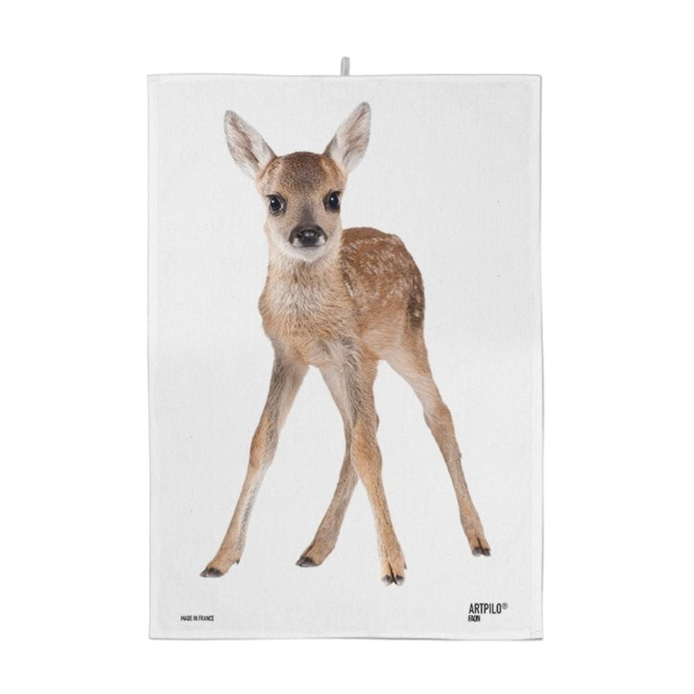 Weißes Geschirrtuch mit Rehkitz Motiv