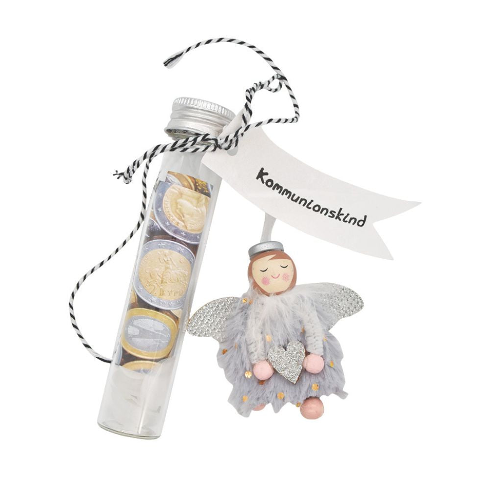 Geschenkanhänger aus einer Glasphiole mit einem angehangenen Engel und der Schrift "Kommunionskind"