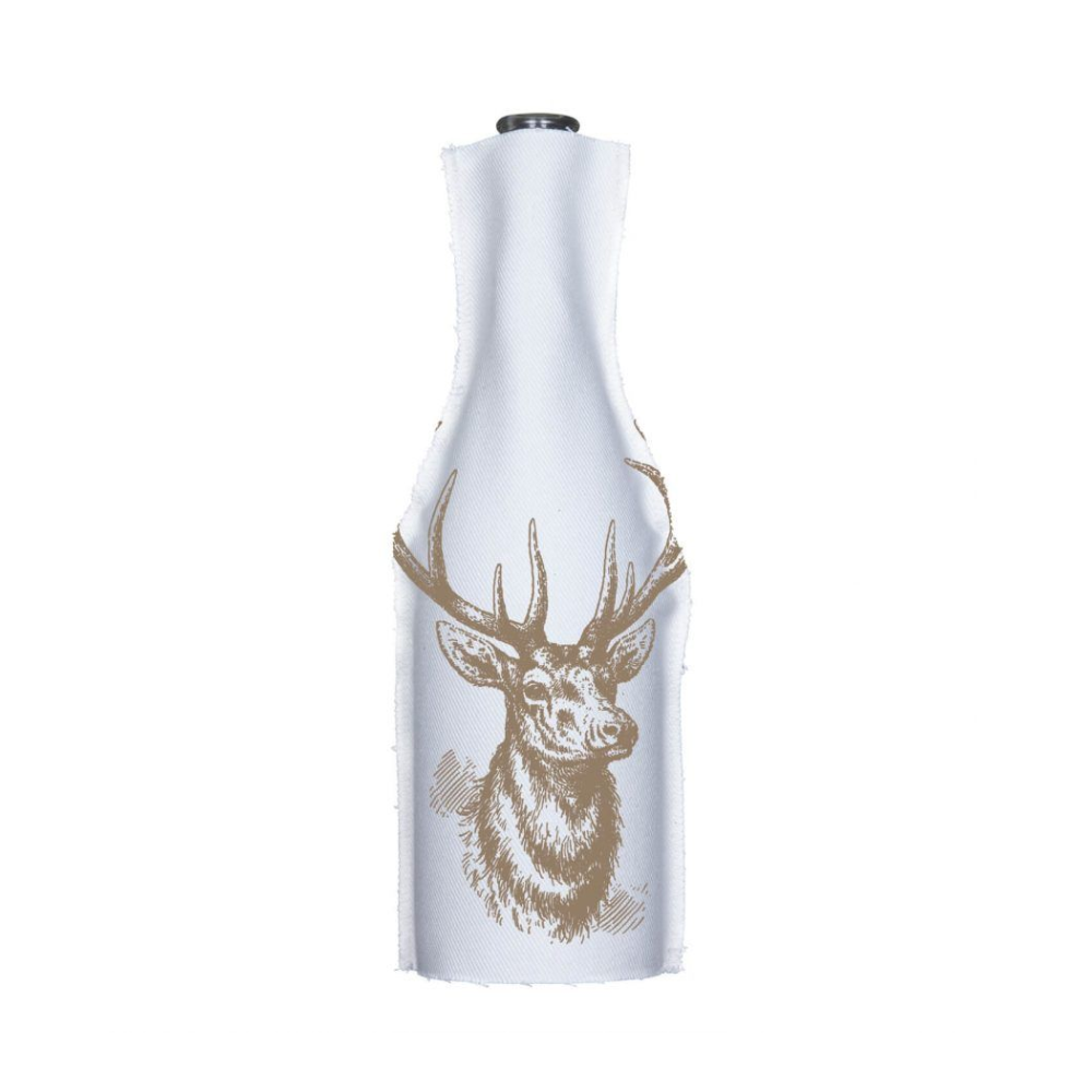 Eine Flaschenhusse in weiß mit braunen print von frohstoffe