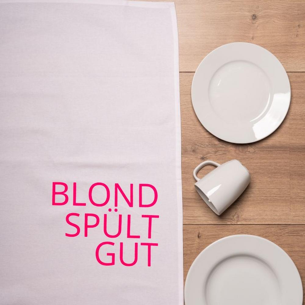 Besonderes Geschirrtuch mit Spruch "blond spült gut" in Weiß und pink