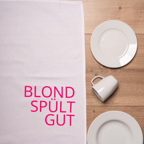 Besonderes Geschirrtuch mit Spruch "blond spült gut" in Weiß und pink