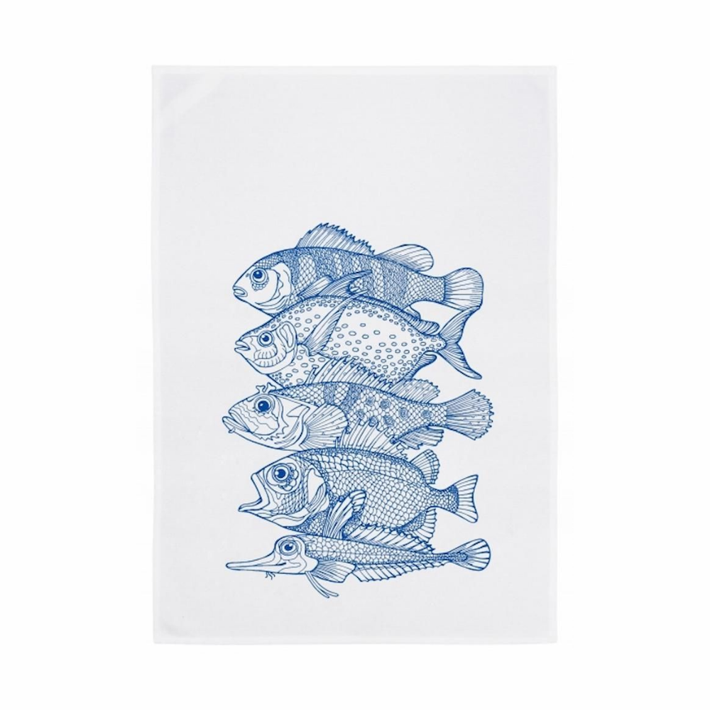 Eine Sammlung Blauer Fische als Geschirrrtuch aus Baumwolle