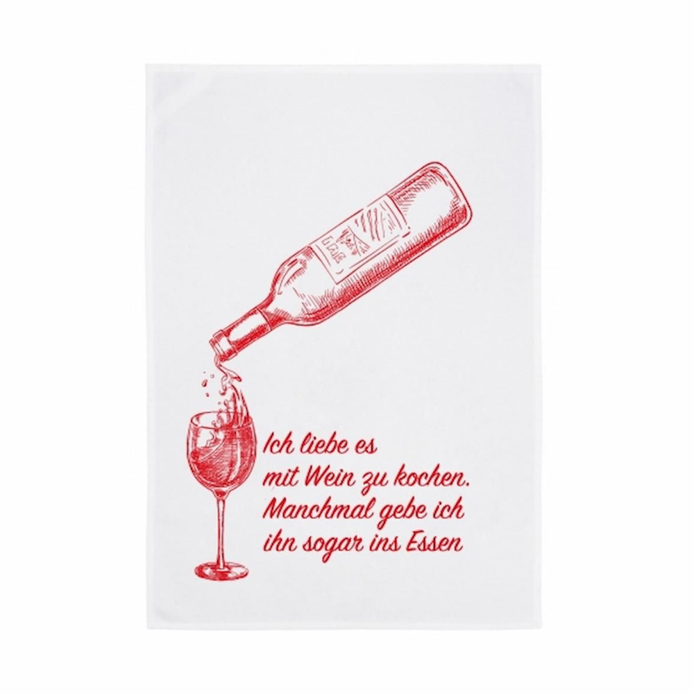 Ein Geschirrtuch mit Lustigem Roten Spruch ICH LIEBE ES MIT WEIN ZU KOCHEN MANCHMAL GEBE ICH IHN SOGAR INS ESSEN aus Baumwolle von 17;30