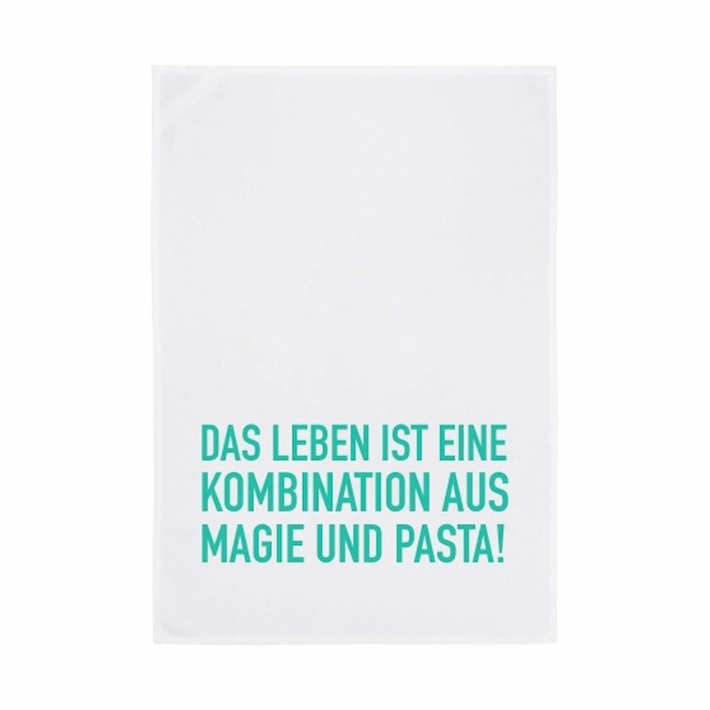 Ein Geschirrtuch aus Baumwolle mit Türkisem Text der sagt DAS LEBEN IST EINE KOMBINATION AUS MAGIE UND PASTA 17;30