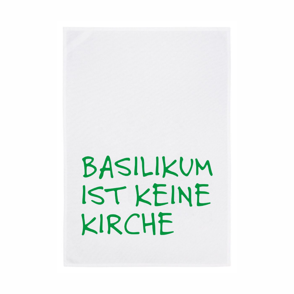 Grüner Text der besagt Basilikum ist keine kirche als Geschirrtuch von 17;30 aus Baumwolle