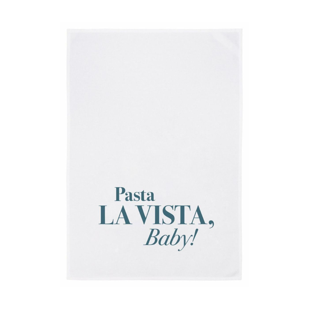 Pasta la vista auf Geschirrtuch in Blau