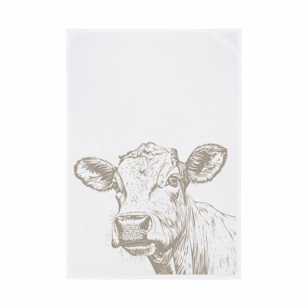 Graue Lustig guckende Kuh auf Geschirrtuch