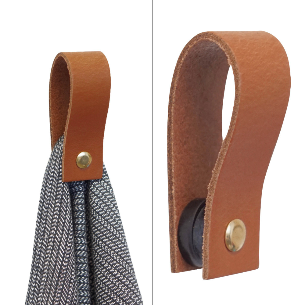 Handtuchhalter aus Braunem echten Leder mit Magnetverschluss zum festhalten des Handtuchs