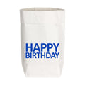 Weiße Stark-Papier Tüte mit einer dunkelblauen dicken Schrift "HAPPY BIRTHDAY"
