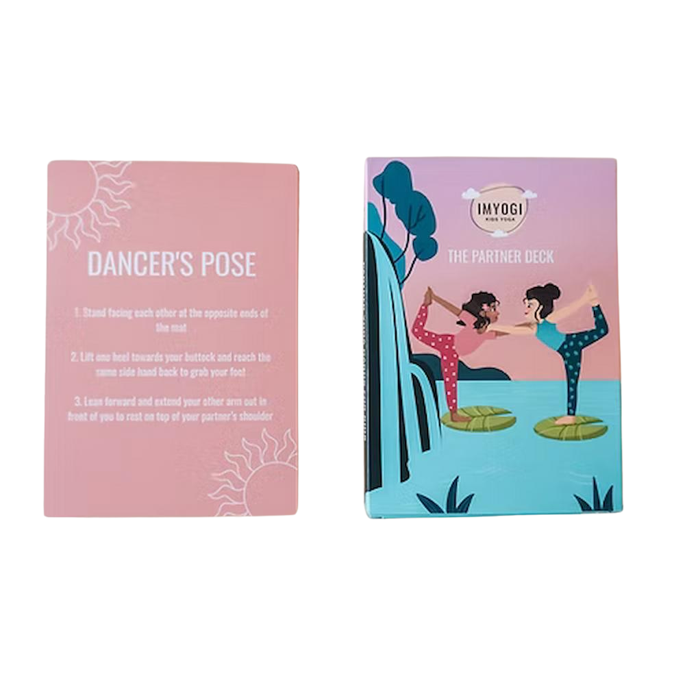 Dancer Pose Yoga Karten Format mit Illustrierten Kleinen Tanzenden Figuren von IMYOGI