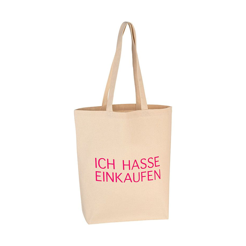 Eine Tasche mit einem Pinken Print welcher angibt ''Ich hasse einkaufen'' von 17;30