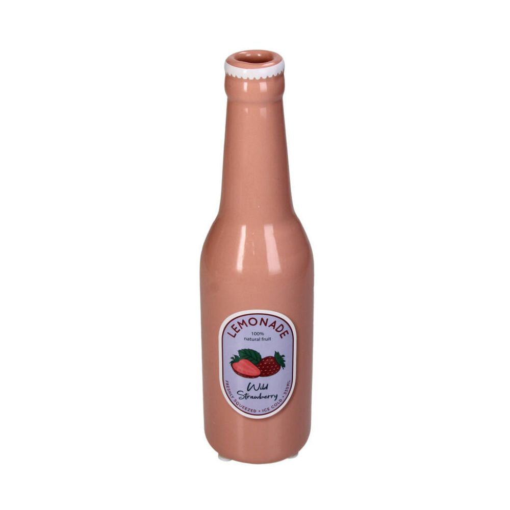 Keramik Vase in Form einer Limonaden Flasche. Motiv: Erdbeer Lionade, nostalgischer Retro Look, rosane Flasche mit englisch beschriftetem Etikett