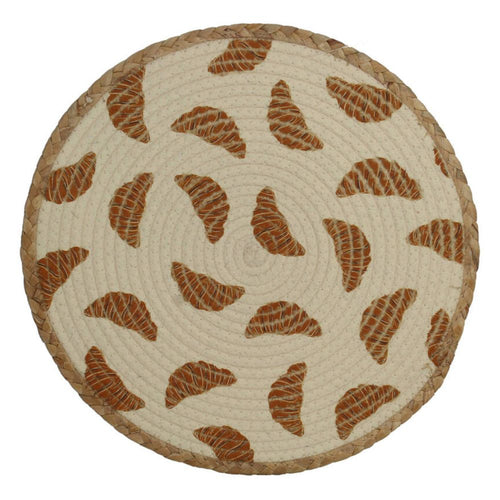 rundes platzset als Teller unterlage, natur optik in beige und hellbraun, gewebtes Polyester, Tischunterlage mit aufgedruckten hellbraunen Croissants, 38 cm durchmesser