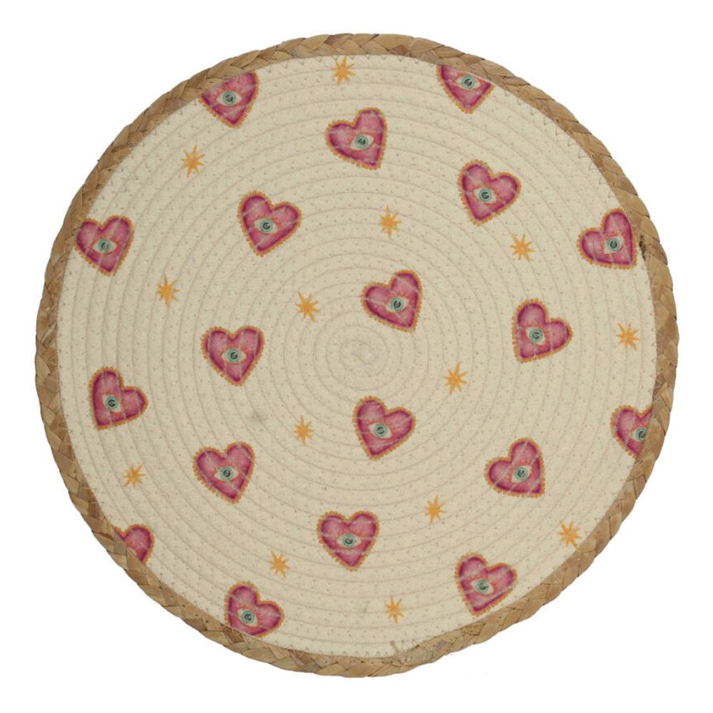 rundes platzset als Teller unterlage, natur optik in beige und hellbraun, gewebtes Polyester, Tischunterlage mit aufgedruckten pinken herzen mit türkisen augen und gelben kleinen sternen, 38 cm durchmesser