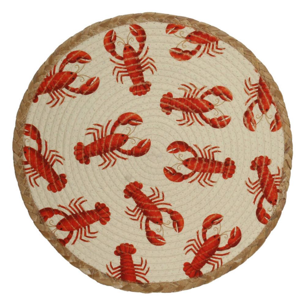 rundes platzset als Teller unterlage, natur optik in beige und hellbraun, gewebtes Polyester, Tischunterlage mit aufgedruckten roten Hummern, 38 cm durchmesser