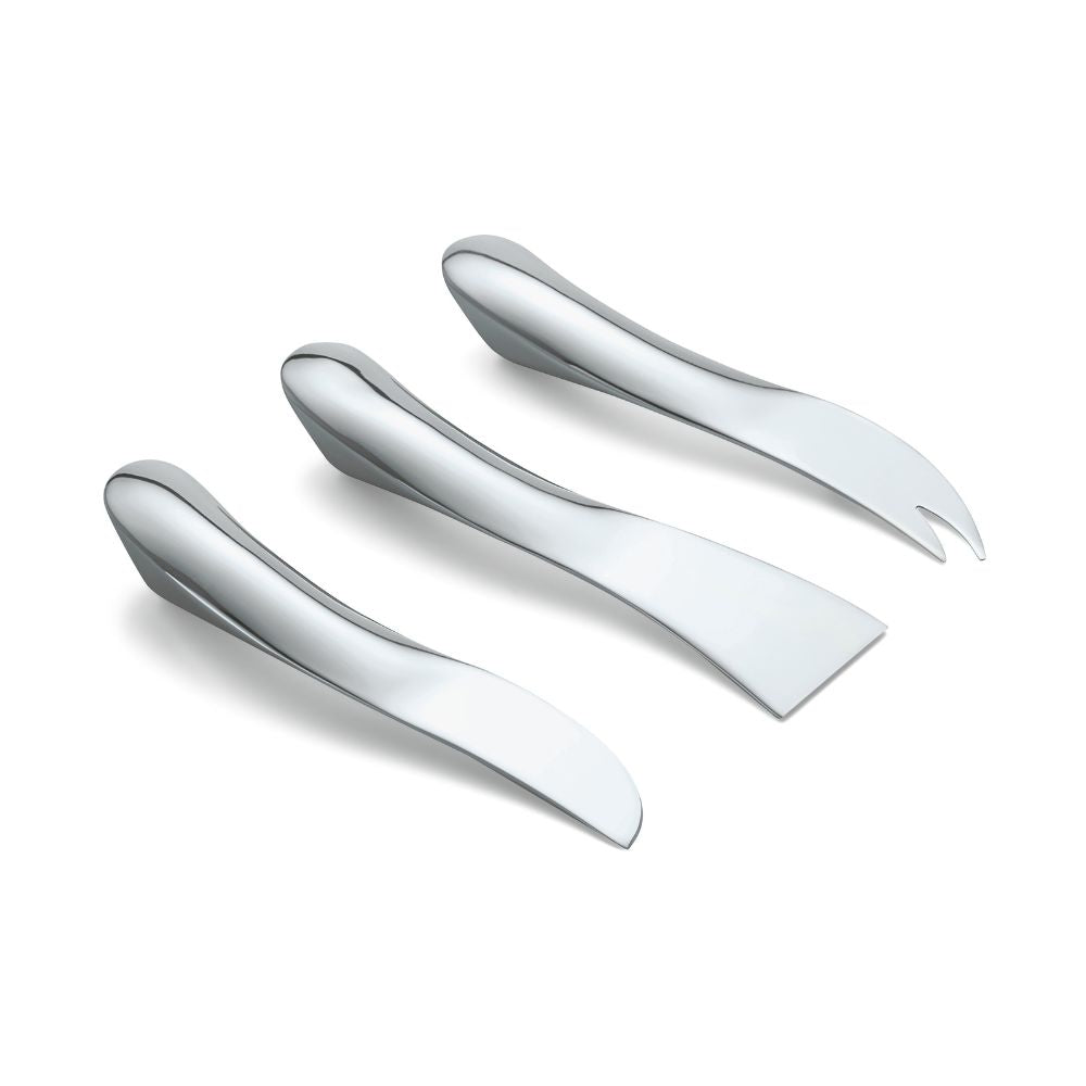 drei Edle Geschwunge Käsemesser zum Schneiden und Servieren von Käse, besondere WAVE Form, hochwertig glänzend, Silberne Messer aus Edelstahl
