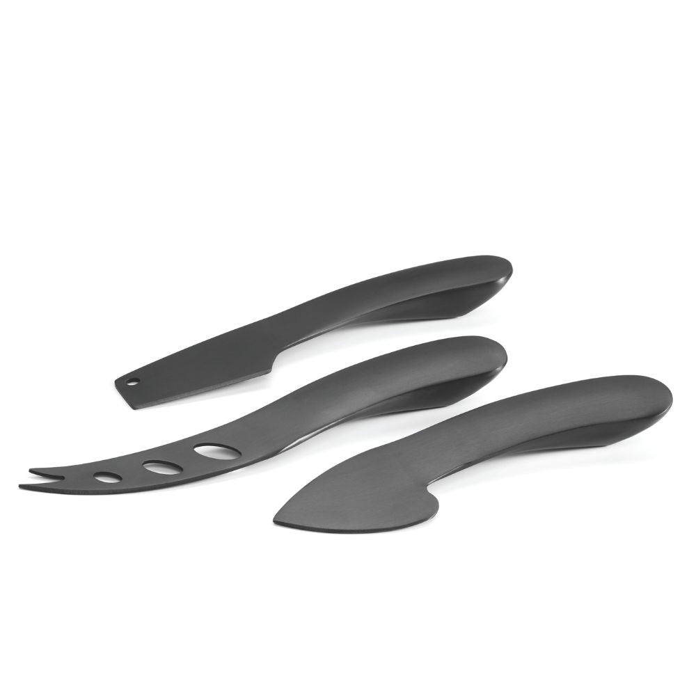 Set mit 3 kunstvoll geschwungenen Käsemesser aus scharzem pulverbeschichtetem Stahl, besondere Formgebung