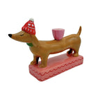 Dackel Kerzenhalter mit roter wintermütze und schaal