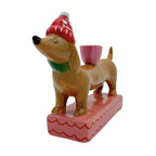Dackel Kerzenhalter mit roter wintermütze und schaal
