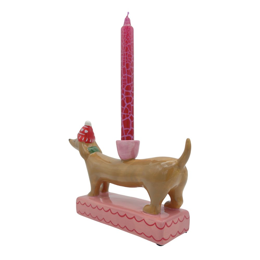 Dackel Kerzenhalter mit roter wintermütze und schaal mit kerze