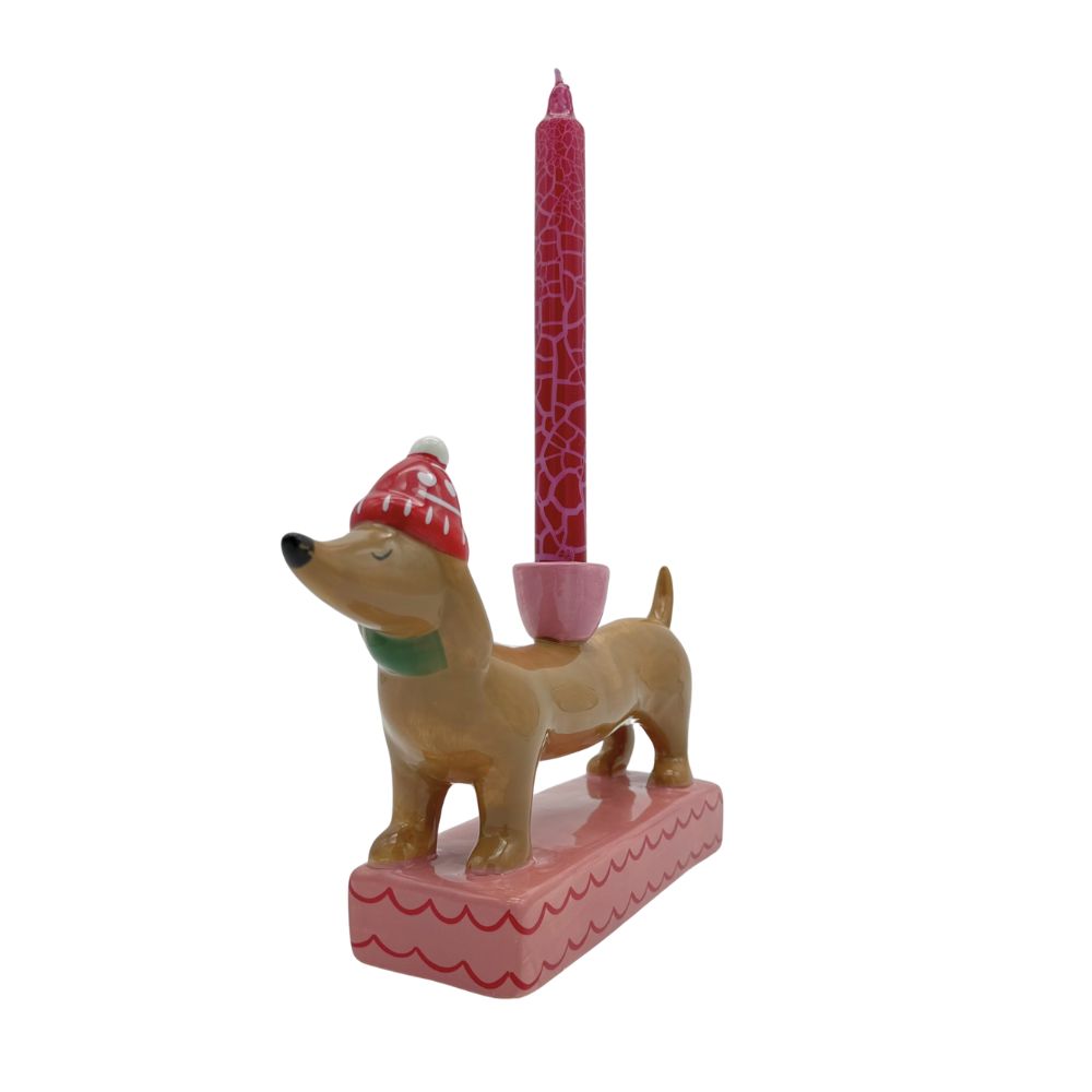 Dackel Kerzenhalter mit roter wintermütze und schaal