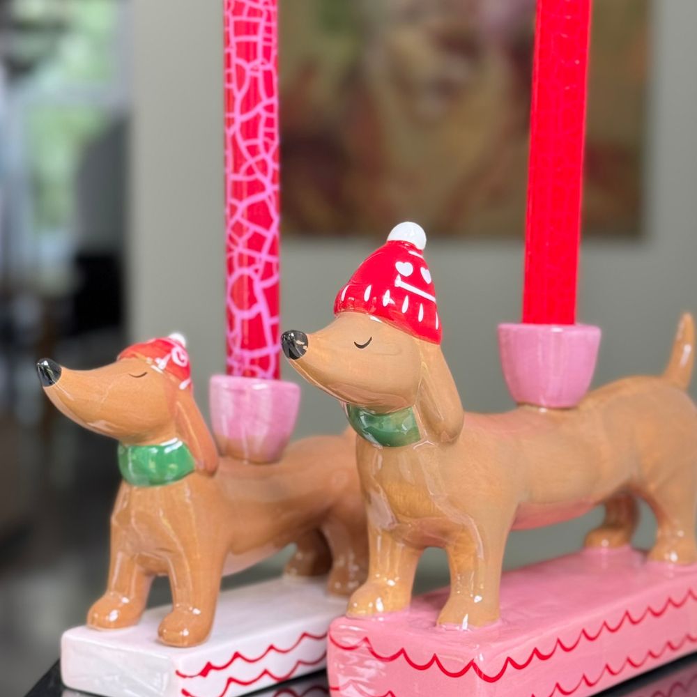 Dackel Kerzenhalter mit roter wintermütze und schaal,emotionsbild im raum 