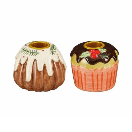 2 kerzenhalter in form von weihnachtlich dekorierten Törtchen