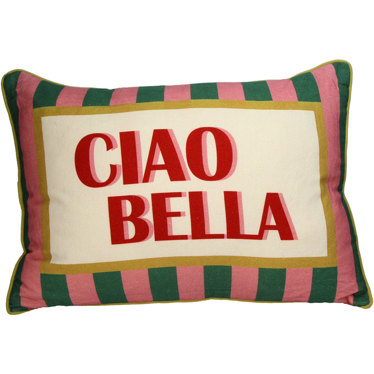 Kissen mit Italienischem Design in den Farben Pink, Grün und Rot mit der Schrift "Ciao Bella"