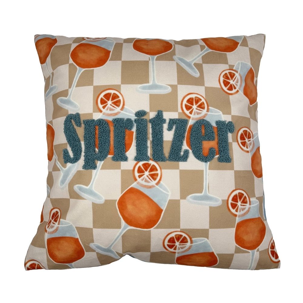 Dekokissen beige Kariert mit Orangenen Aprol Spritz Cokctail Gläsern und Orangenscheiben und der Türkisen Schrift "Spritzer"