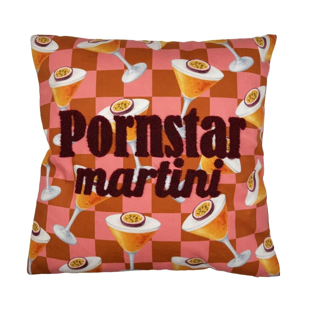Kissen, Quadratisch und Kariert und orange und pink mit der Schrift "PORNSTAR martini" und abgebildeten Cocktails