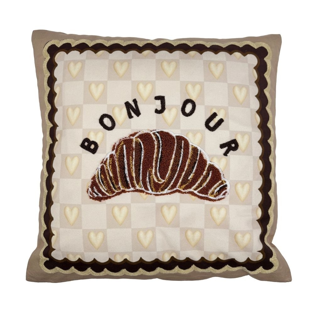 Kissen in Quadratischer Form, kariert, Mit beigen Herzen und einem Croissant