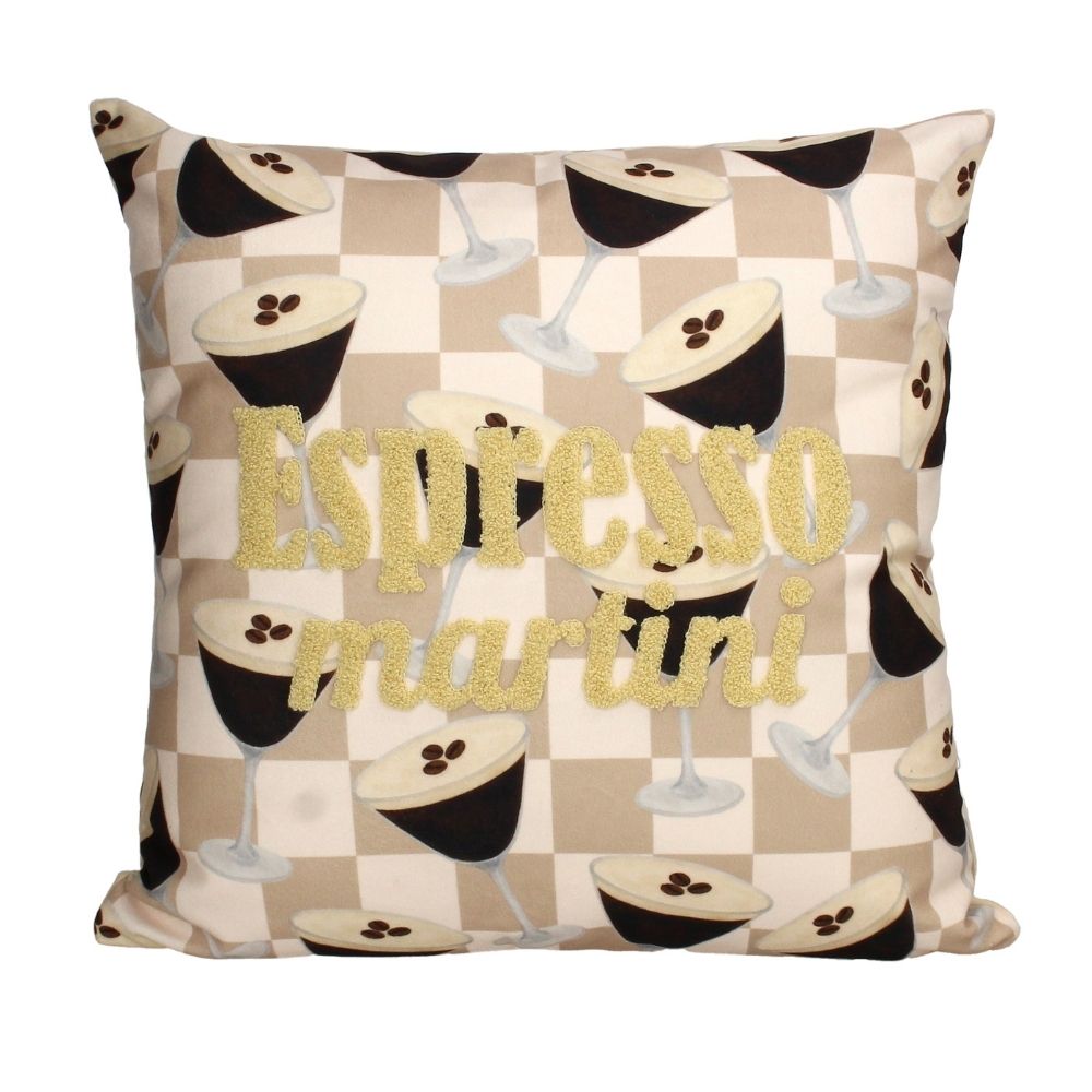 Dekokissen im Beige Karierten Cocktail Espresso Martini Design, Quadratisch