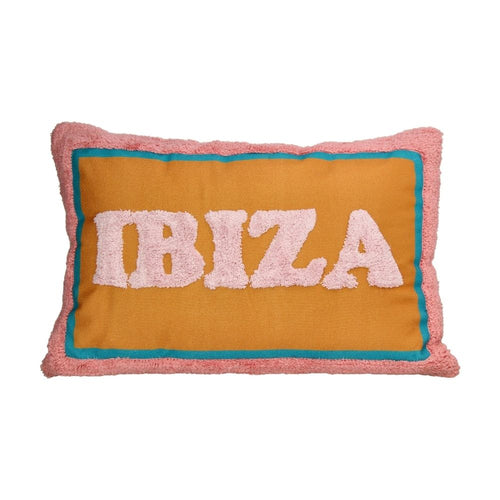 Kissen,rechteckig, mit pink-türkiser umrandung und orangener hauptfläche mit einer pinken Schrift "IBIZA" in der Mitte